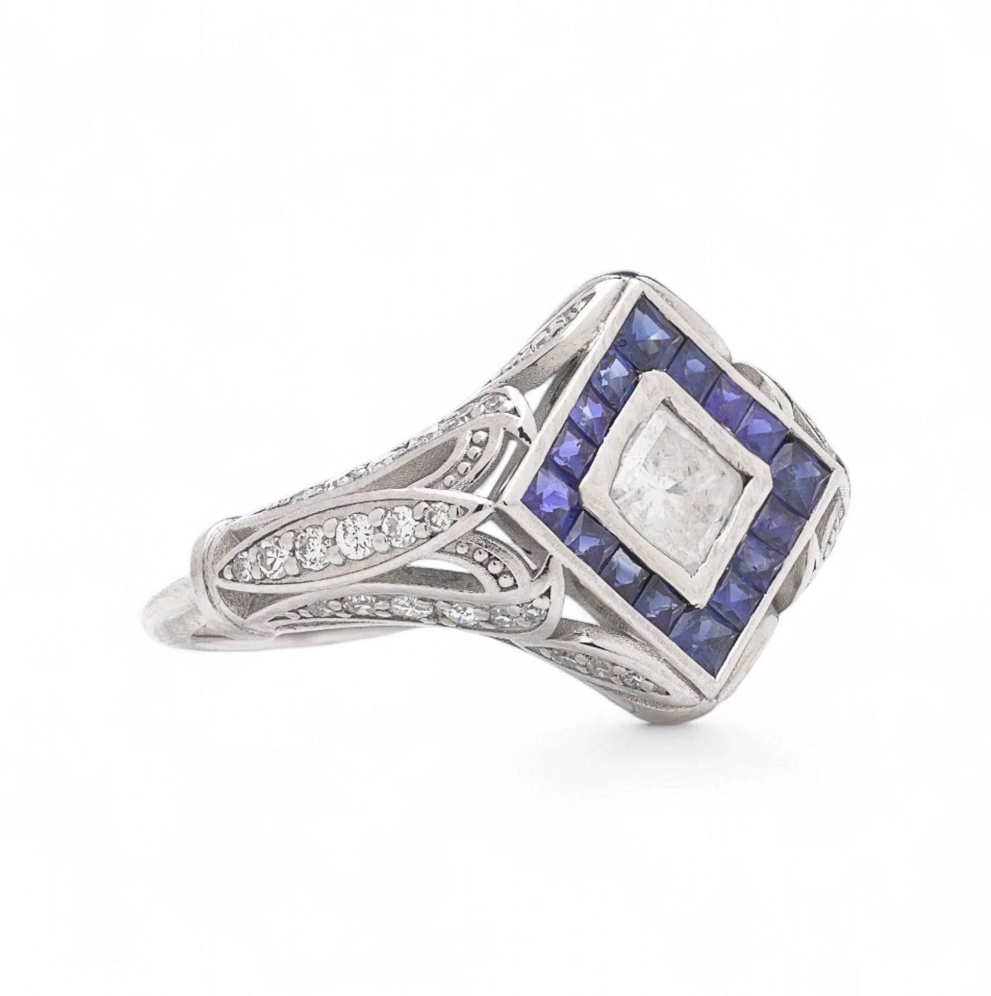 Art Deco style Platinum Diamond and Sapphire Ring