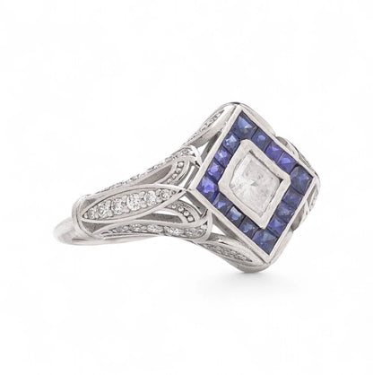 Art Deco style Platinum Diamond and Sapphire Ring