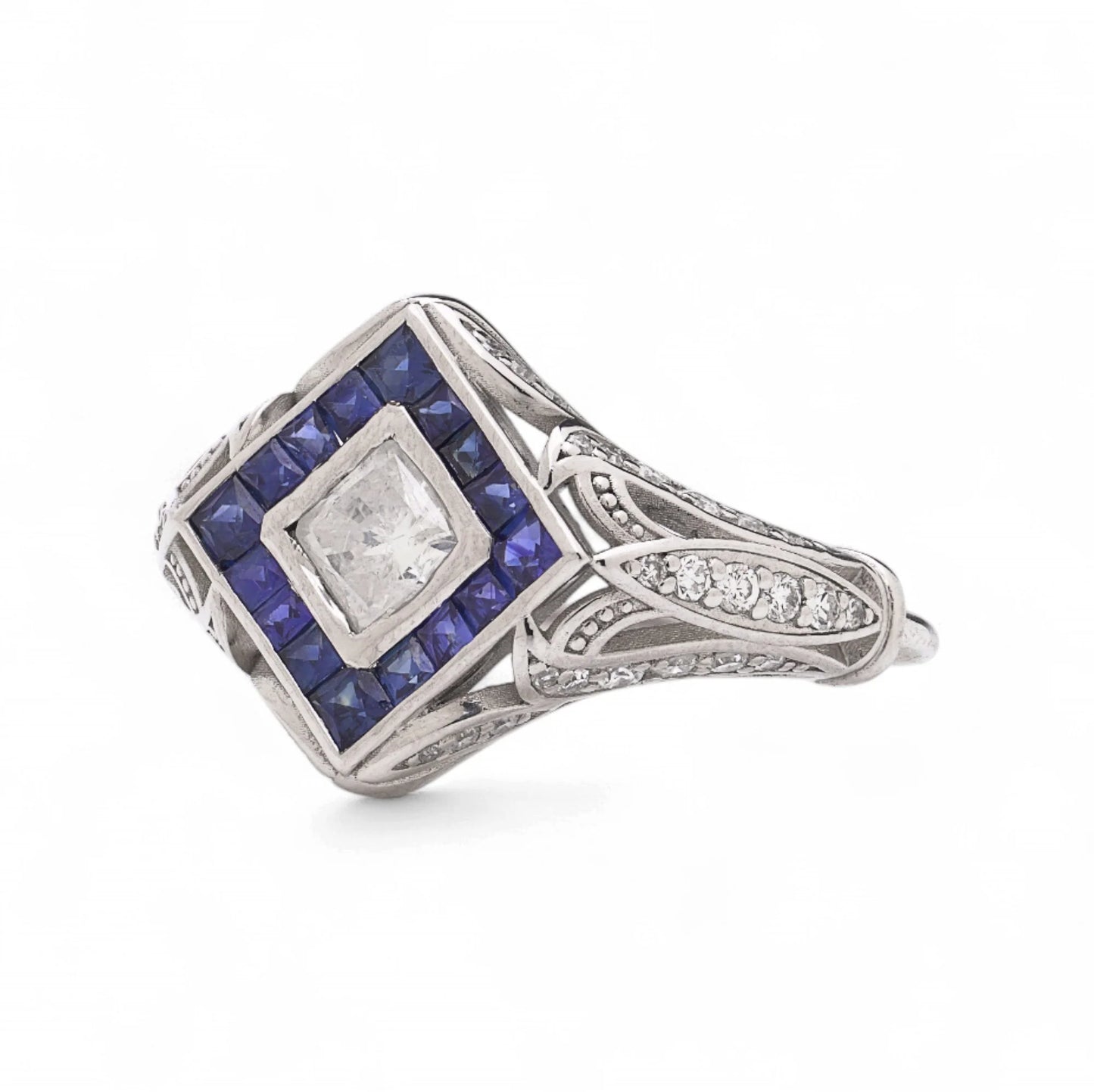 Art Deco style Platinum Diamond and Sapphire Ring