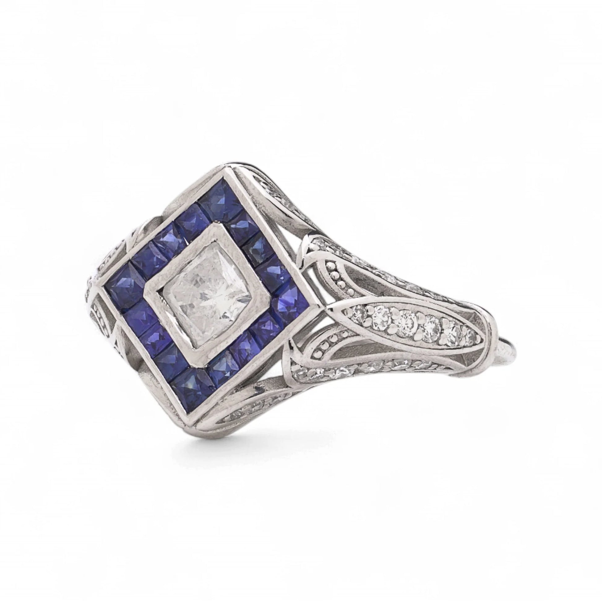 Art Deco style Platinum Diamond and Sapphire Ring