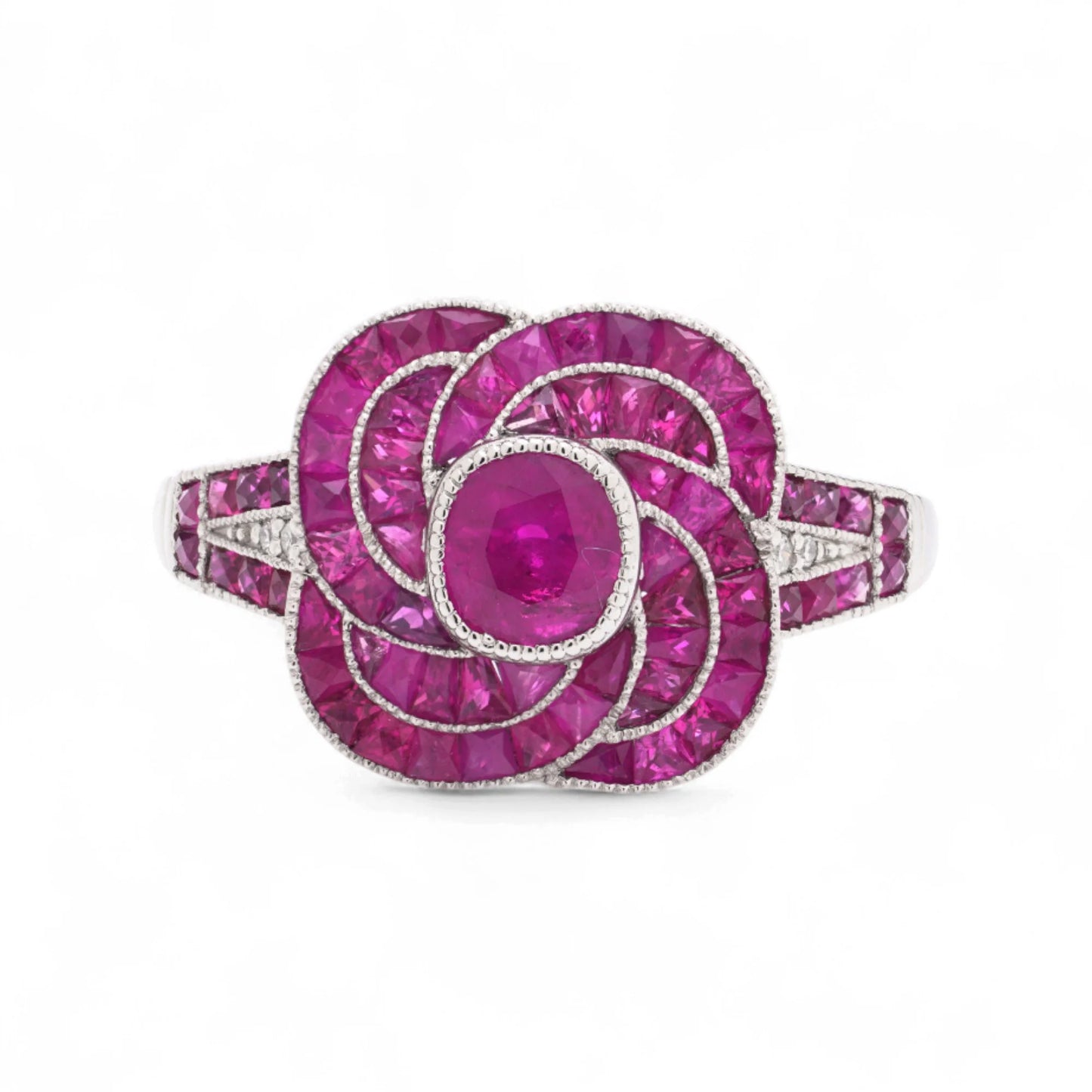 Contemporary Ruby and Diamond Flower Cluster Ring in Platinum