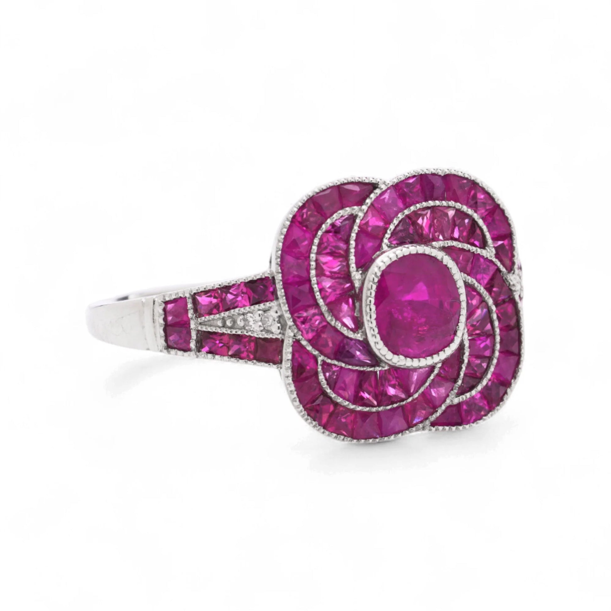 Contemporary Ruby and Diamond Flower Cluster Ring in Platinum