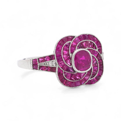 Contemporary Ruby and Diamond Flower Cluster Ring in Platinum