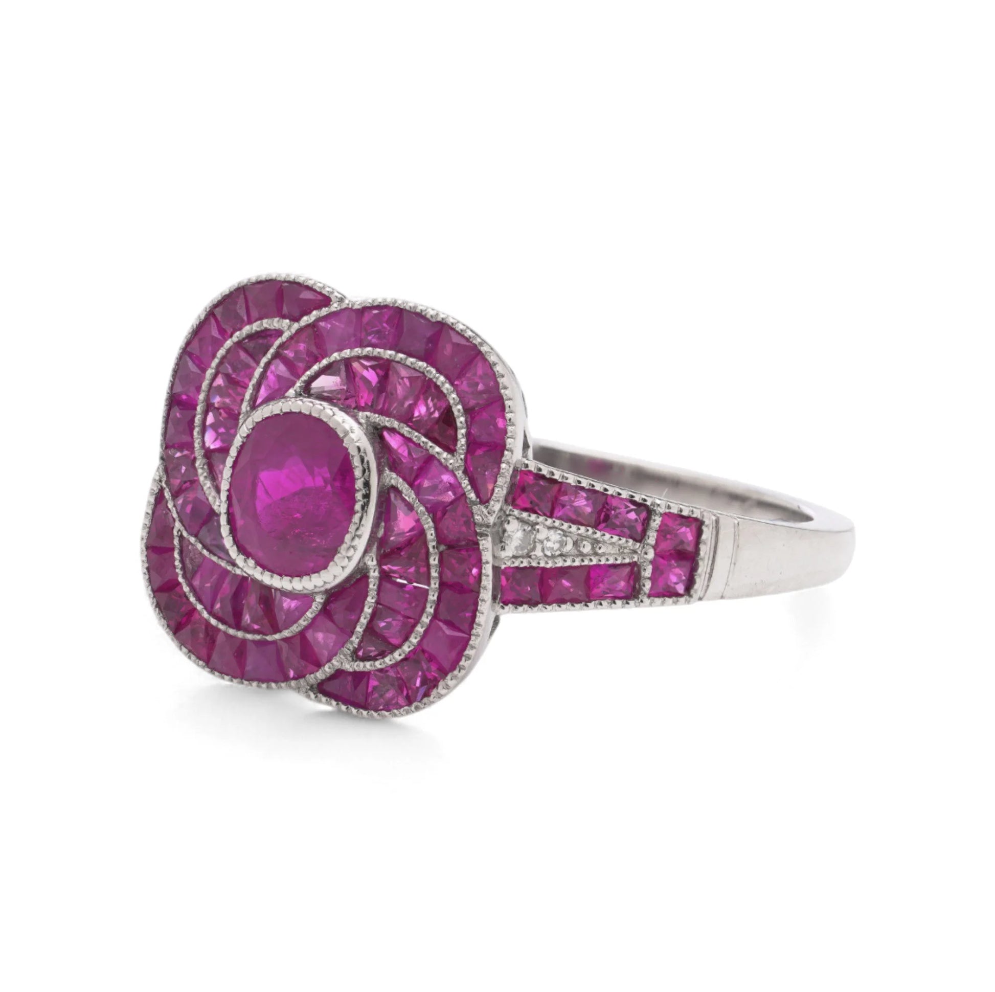 Contemporary Ruby and Diamond Flower Cluster Ring in Platinum