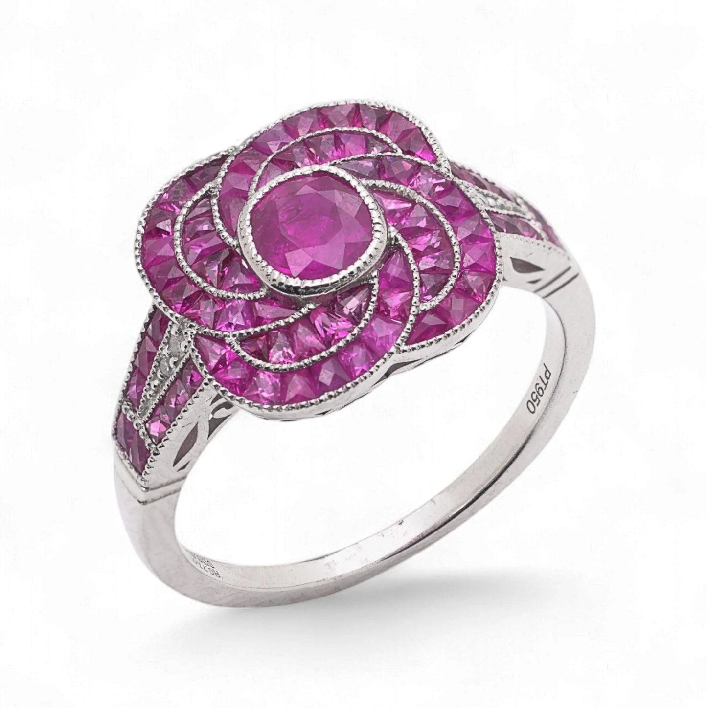 Contemporary Ruby and Diamond Flower Cluster Ring in Platinum