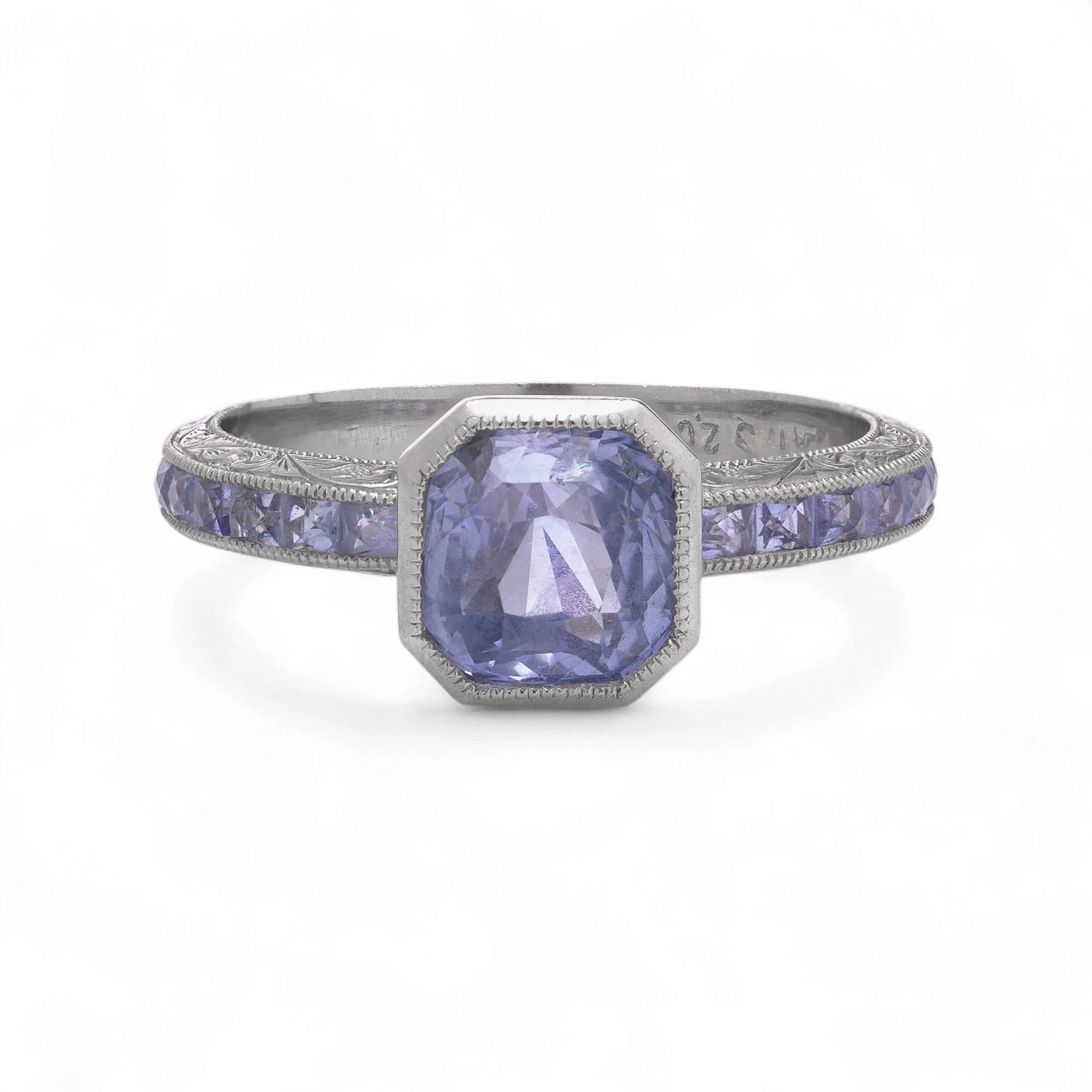 Art Deco Style Platinum 2.08 ct. Sapphire Ring with Calibré-Cut Sapphire Accents