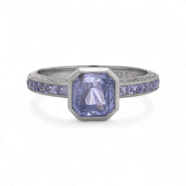 Art Deco Style Platinum 2.08 ct. Sapphire Ring with Calibré-Cut Sapphire Accents