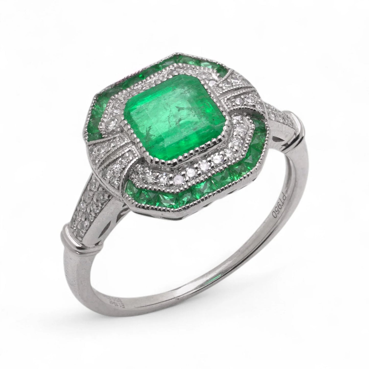 Art Deco Style Platinum 1.19 Carat Emerald And Diamond Ring