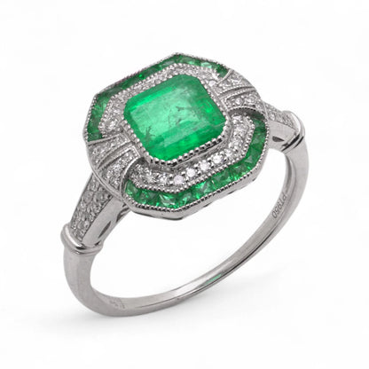 Art Deco Style Platinum 1.19 Carat Emerald And Diamond Ring