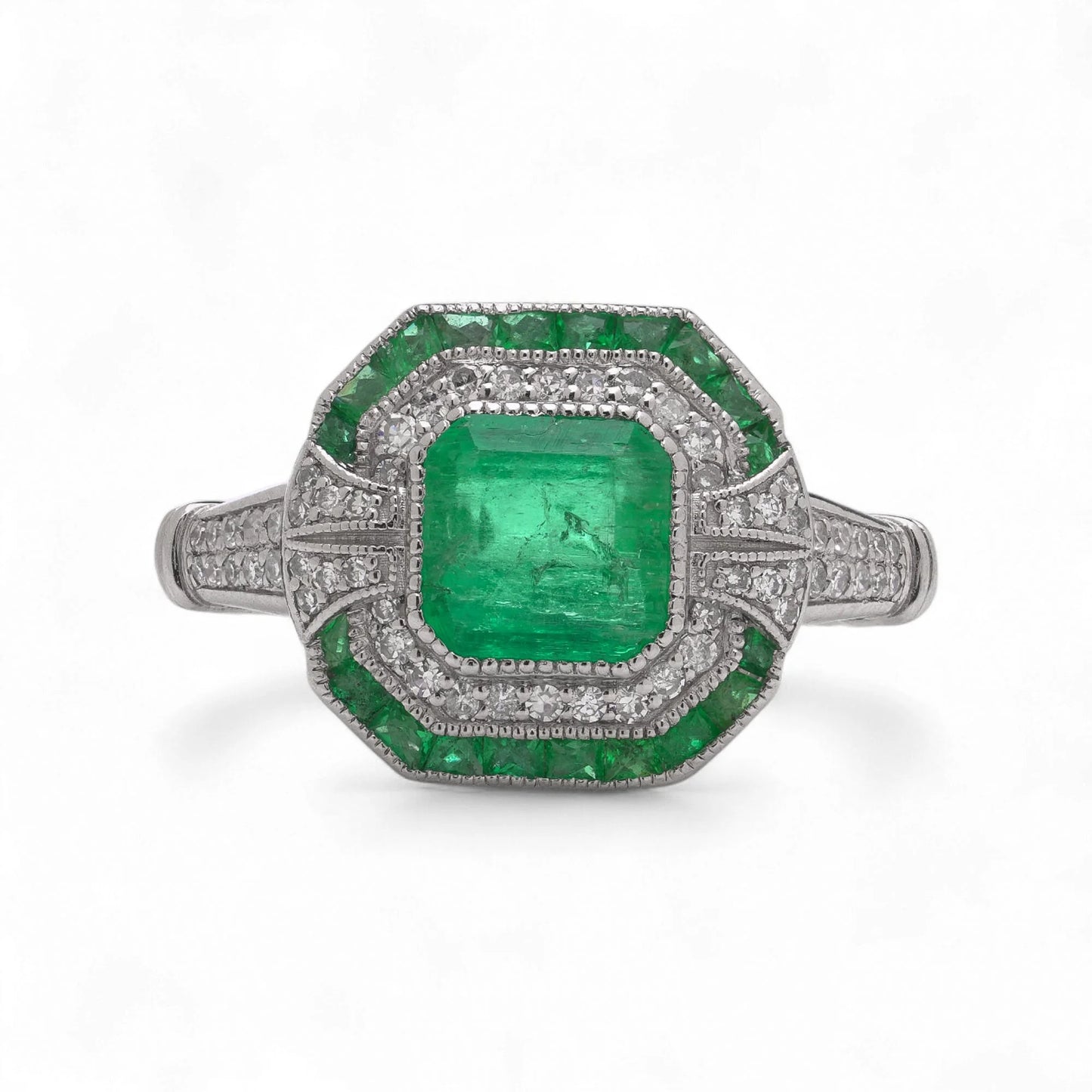 Art Deco Style Platinum 1.19 Carat Emerald And Diamond Ring