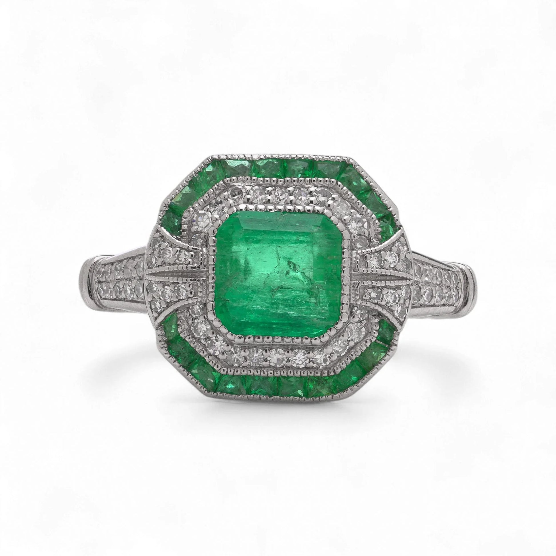 Art Deco Style Platinum 1.19 Carat Emerald And Diamond Ring