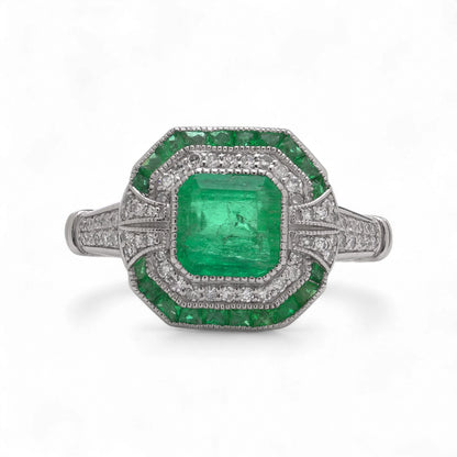 Art Deco Style Platinum 1.19 Carat Emerald And Diamond Ring