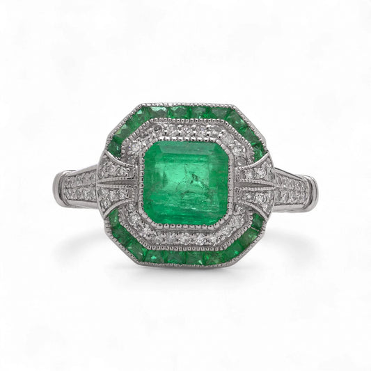 Art Deco Style Platinum 1.19 Carat Emerald And Diamond Ring