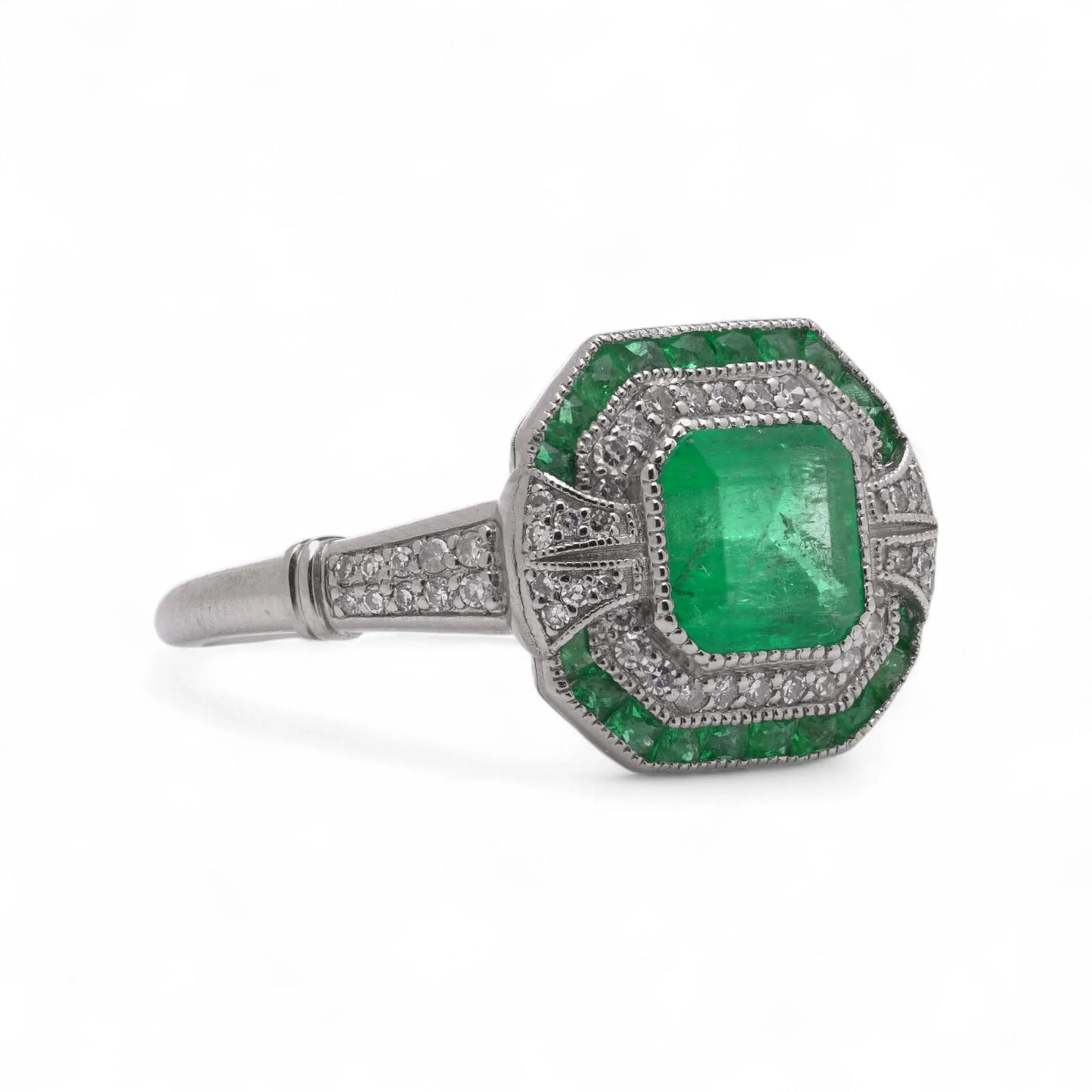 Art Deco Style Platinum 1.19 Carat Emerald And Diamond Ring