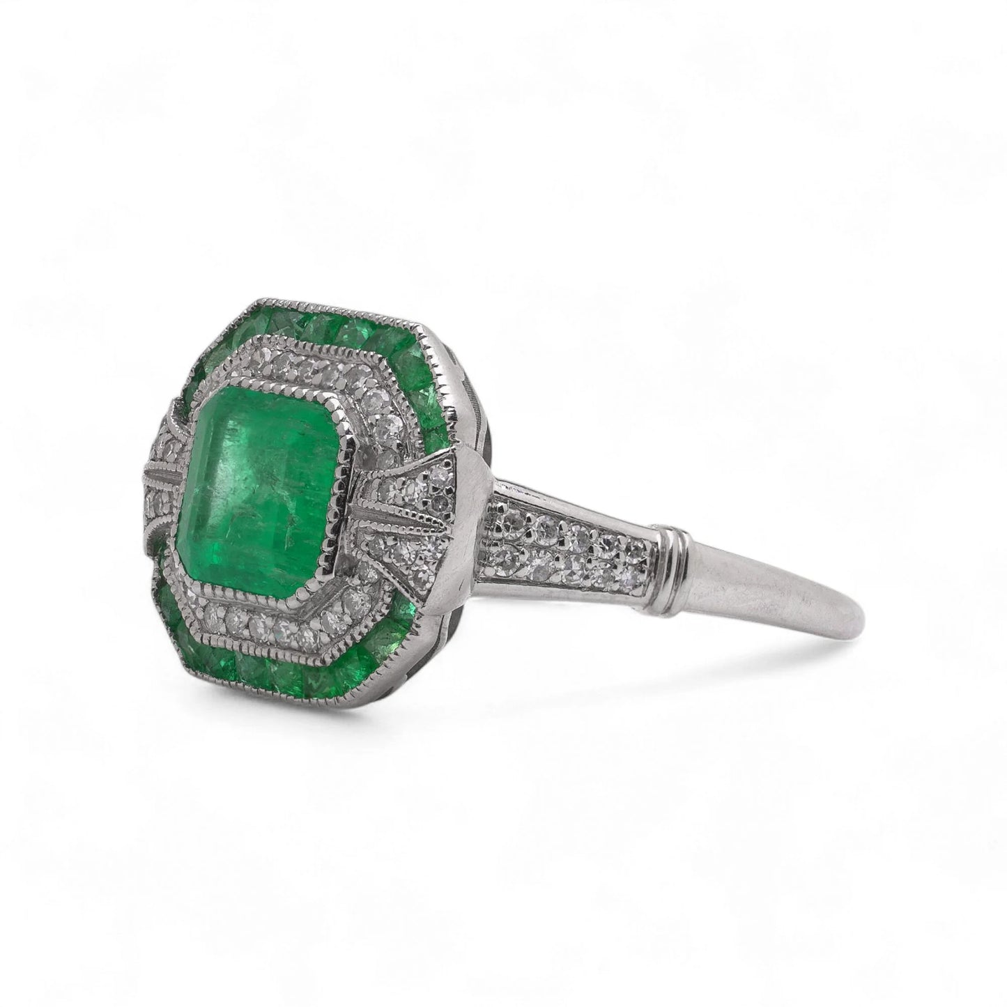 Art Deco Style Platinum 1.19 Carat Emerald And Diamond Ring