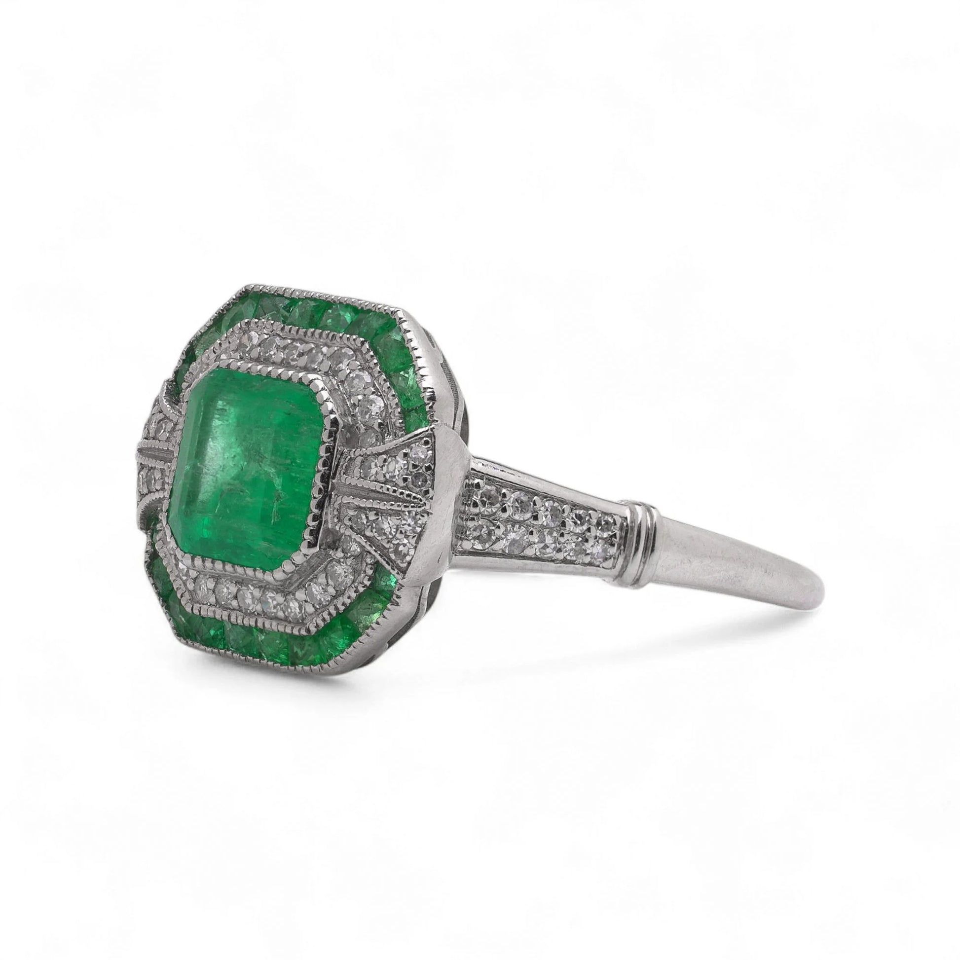 Art Deco Style Platinum 1.19 Carat Emerald And Diamond Ring