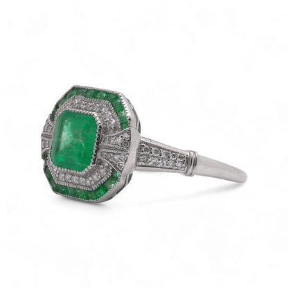 Art Deco Style Platinum 1.19 Carat Emerald And Diamond Ring