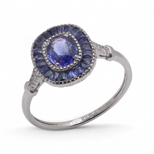 Sapphire Cluster Engagement Ring in Platinum with Diamonds