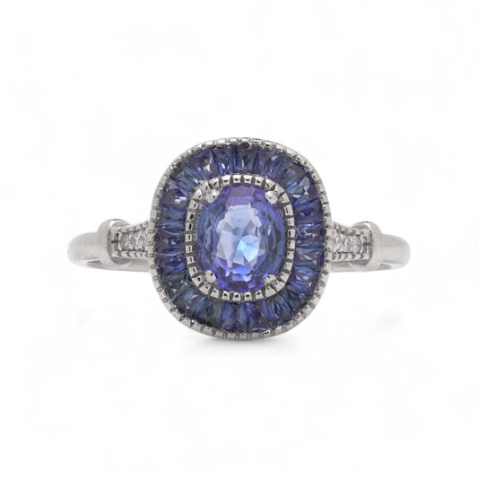 Sapphire Cluster Engagement Ring in Platinum with Diamonds