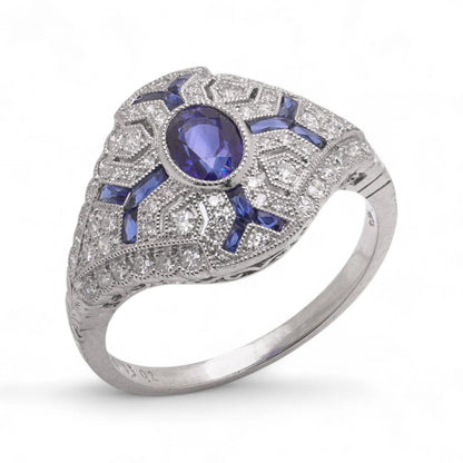 Art Deco Sapphire and Diamond Cluster Dress Ring in Platinum