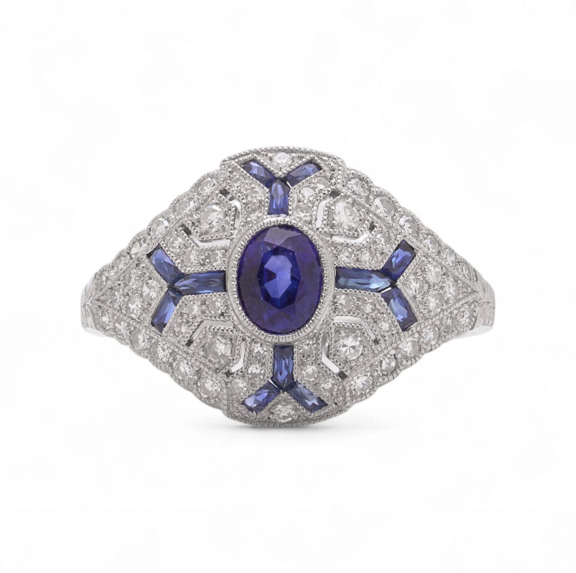 Art Deco Sapphire and Diamond Cluster Dress Ring in Platinum