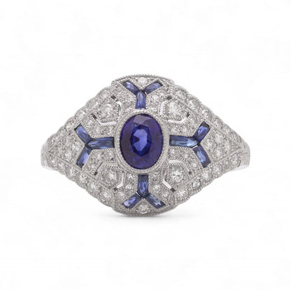 Art Deco Sapphire and Diamond Cluster Dress Ring in Platinum