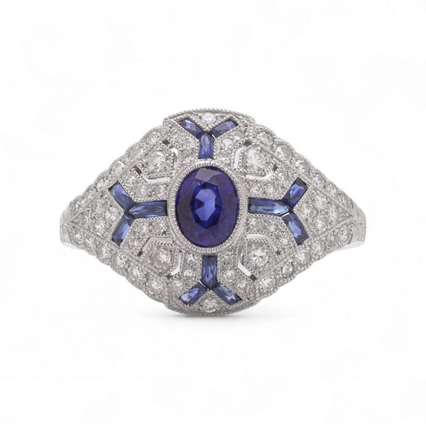 Art Deco Sapphire and Diamond Cluster Dress Ring in Platinum