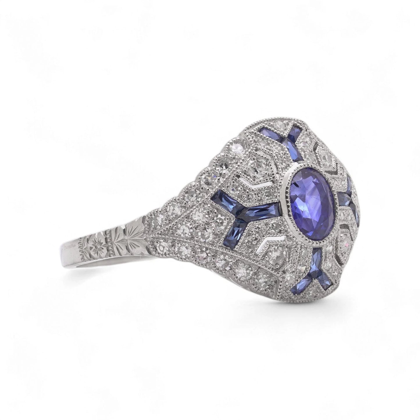 Art Deco Sapphire and Diamond Cluster Dress Ring in Platinum
