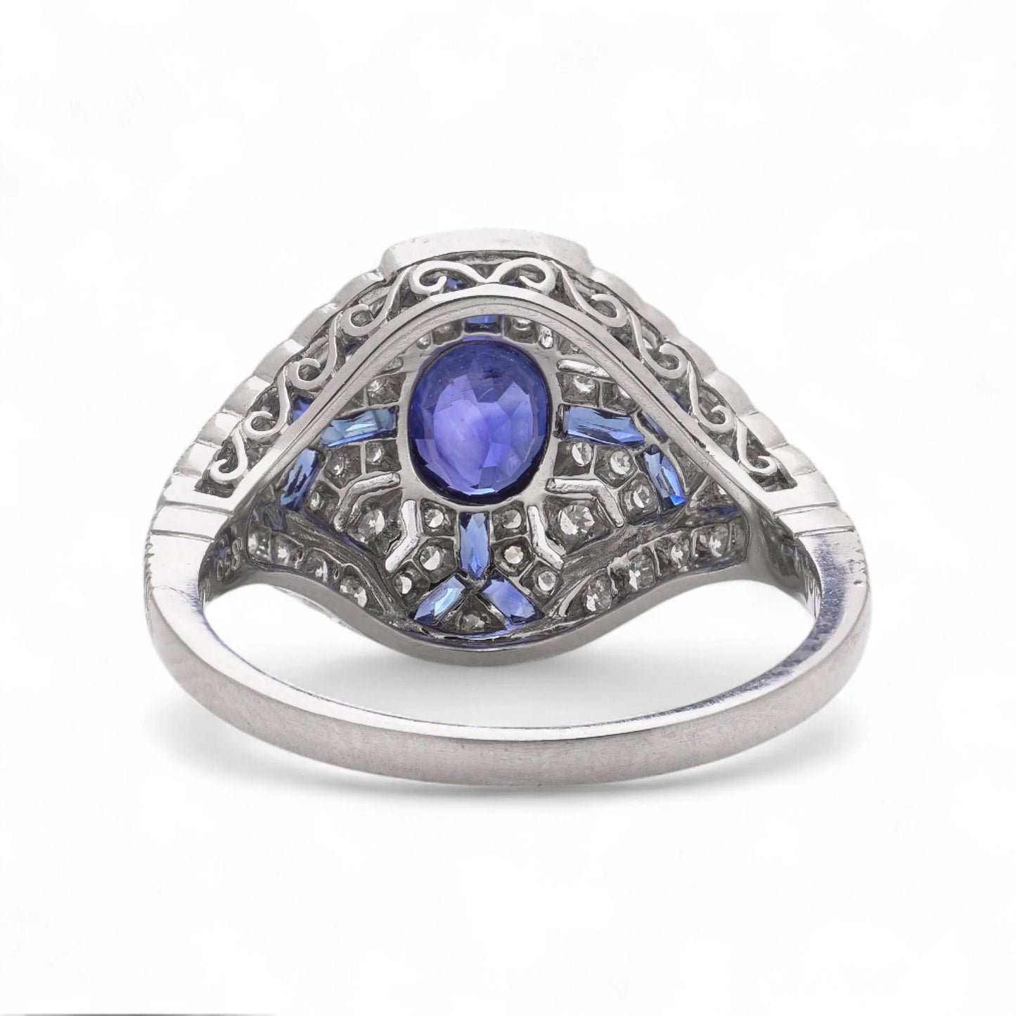 Art Deco Sapphire and Diamond Cluster Dress Ring in Platinum
