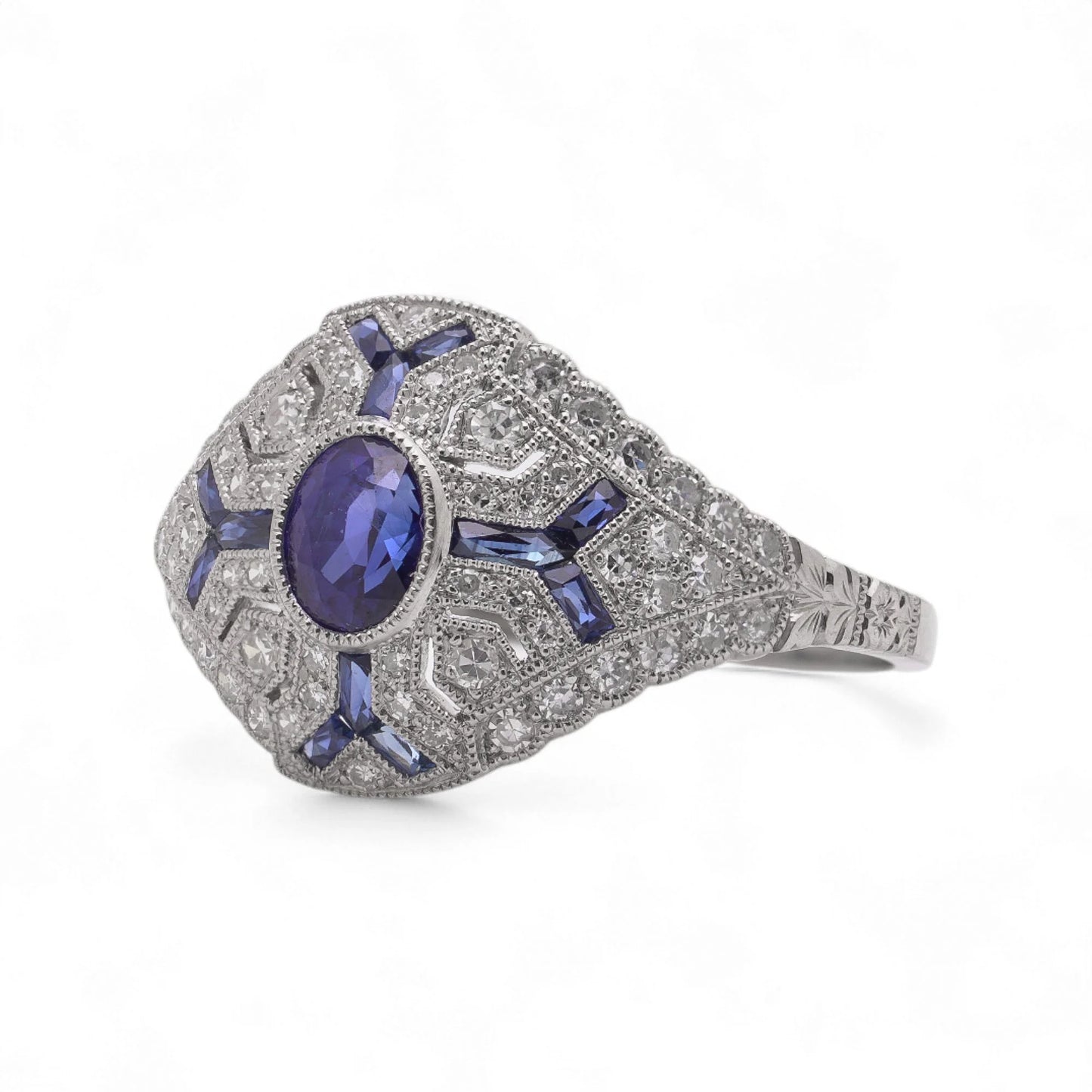 Art Deco Sapphire and Diamond Cluster Dress Ring in Platinum