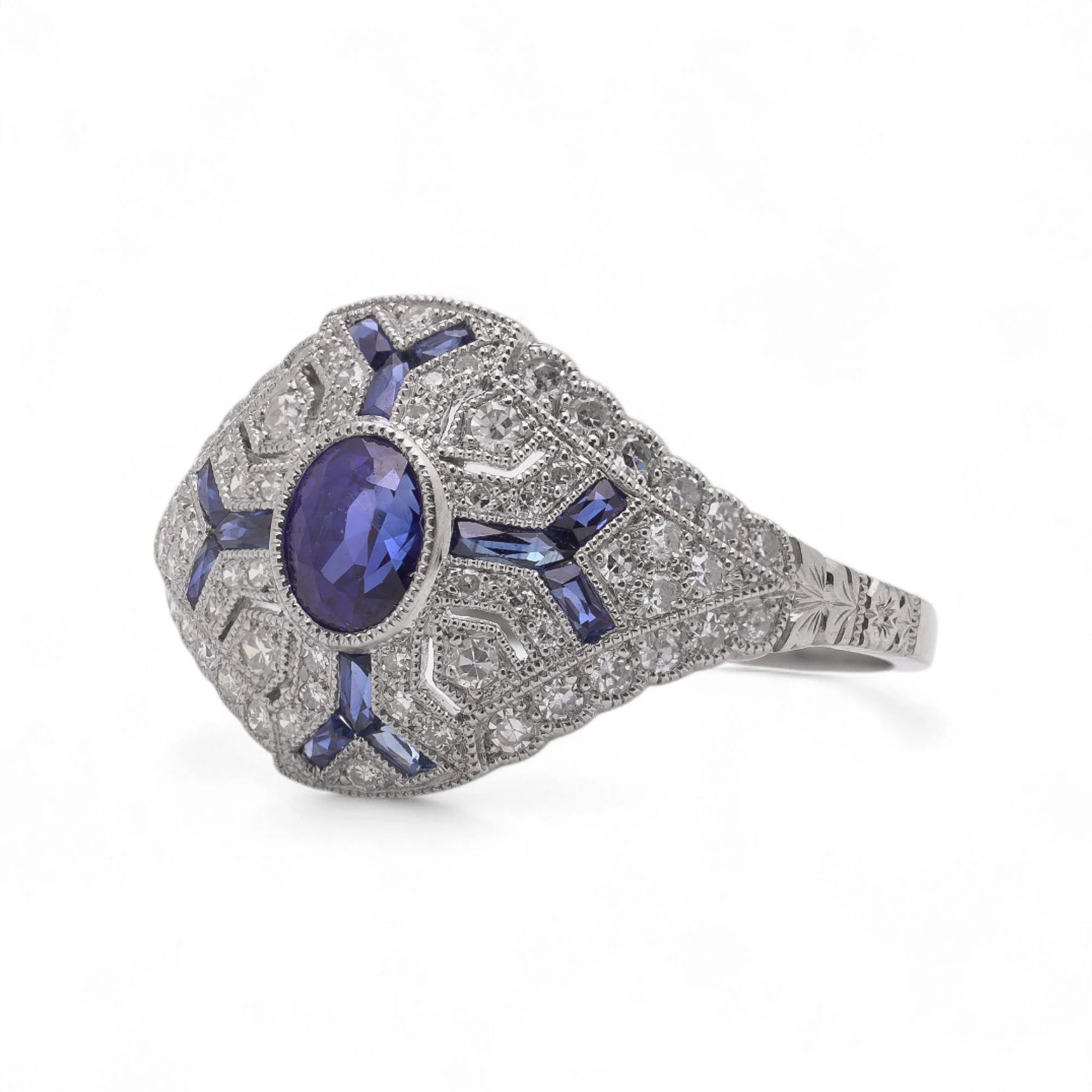 Art Deco Sapphire and Diamond Cluster Dress Ring in Platinum