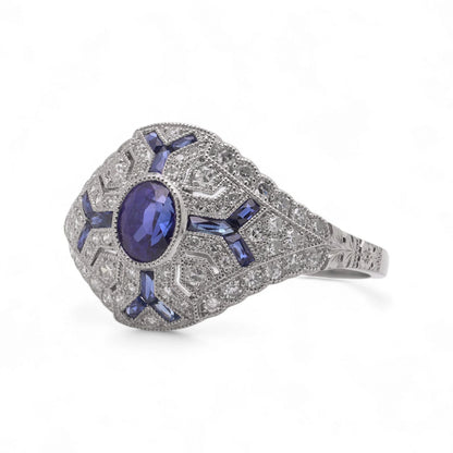 Art Deco Sapphire and Diamond Cluster Dress Ring in Platinum