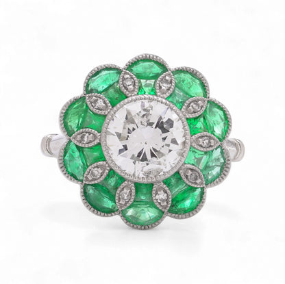 Contemporary Diamond and Emerald Flower Cluster Engagement Ring in Platinum