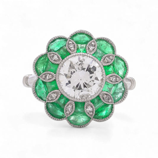Contemporary Diamond and Emerald Flower Cluster Engagement Ring in Platinum