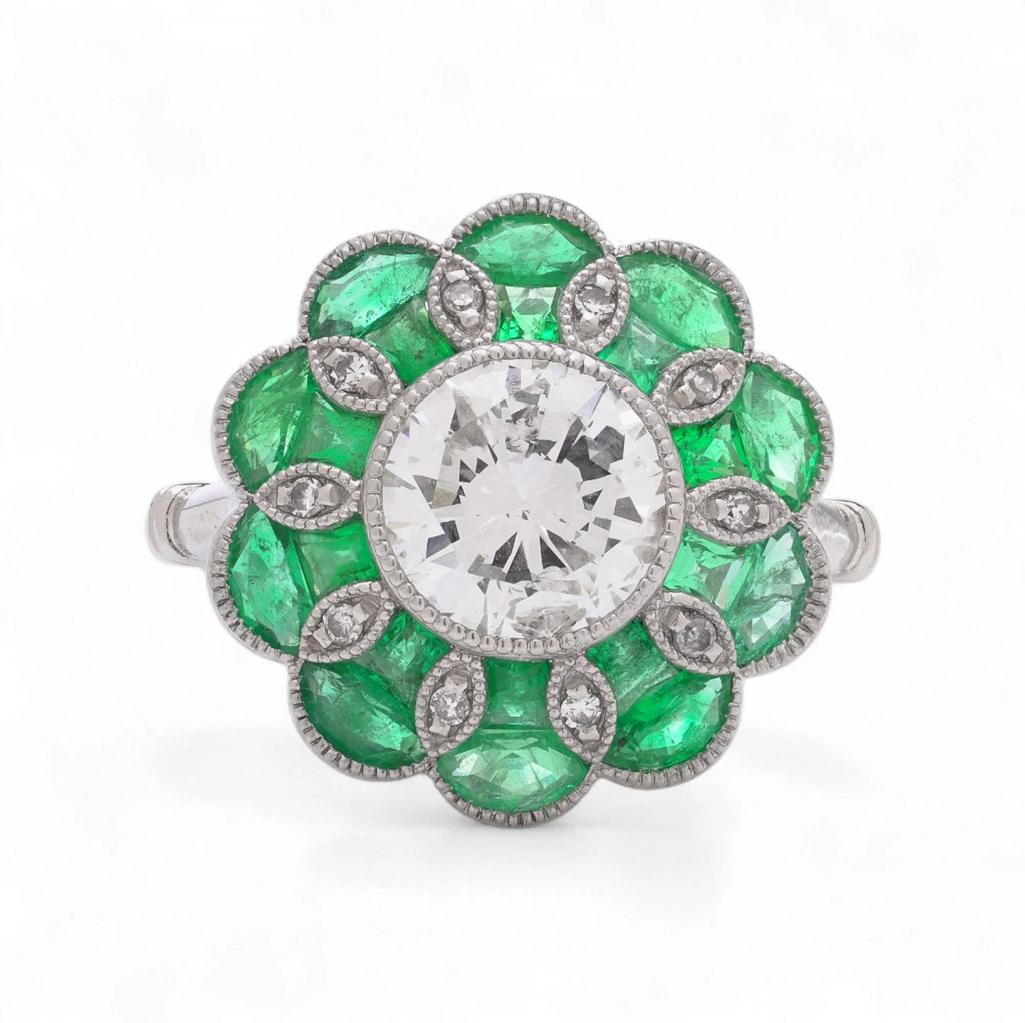 Contemporary Diamond and Emerald Flower Cluster Engagement Ring in Platinum