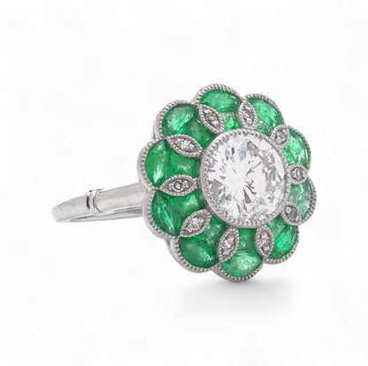 Contemporary Diamond and Emerald Flower Cluster Engagement Ring in Platinum