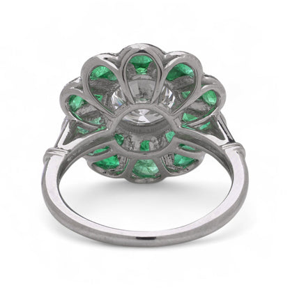 Contemporary Diamond and Emerald Flower Cluster Engagement Ring in Platinum