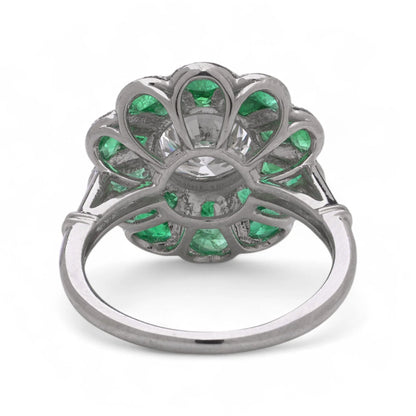 Contemporary Diamond and Emerald Flower Cluster Engagement Ring in Platinum