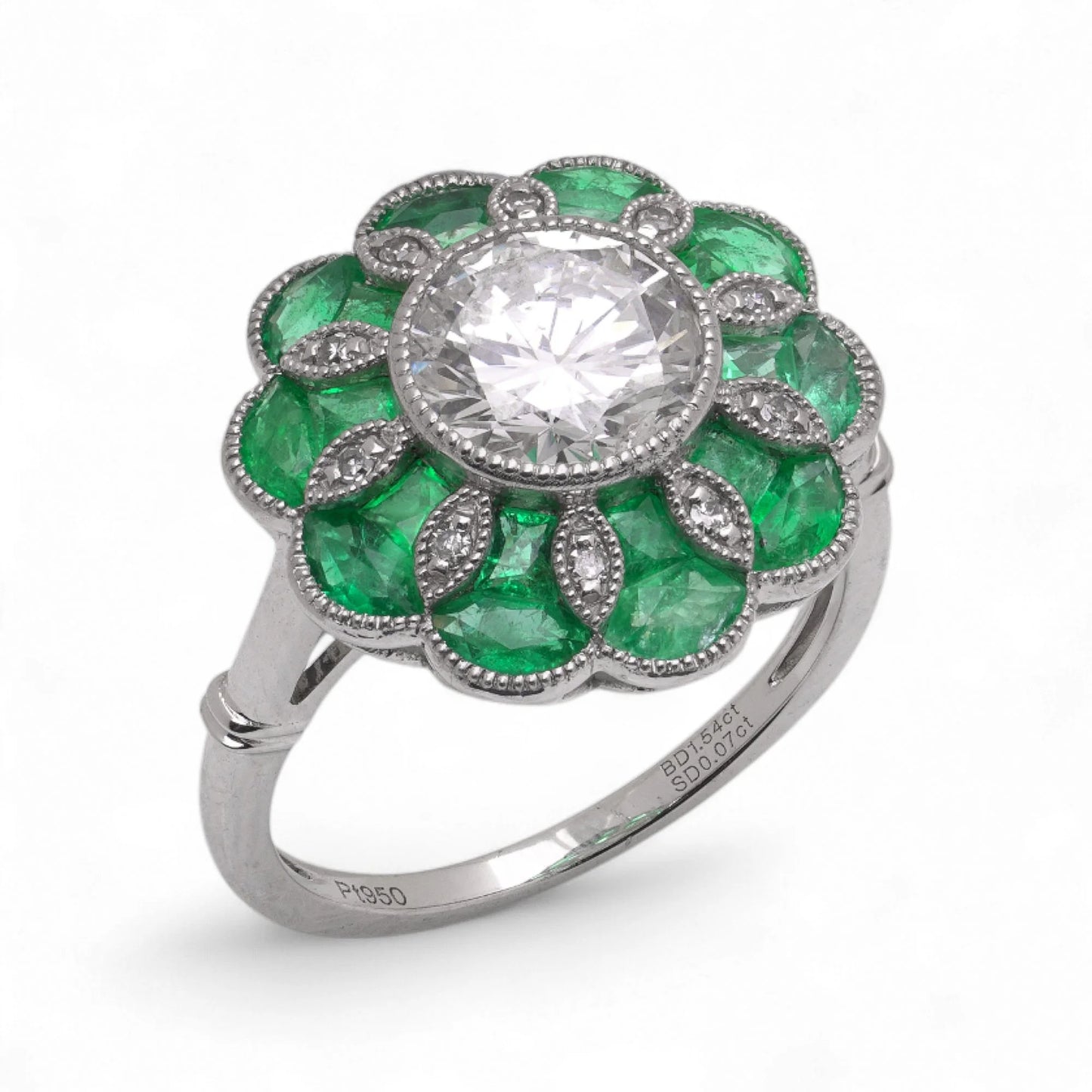 Contemporary Diamond and Emerald Flower Cluster Engagement Ring in Platinum