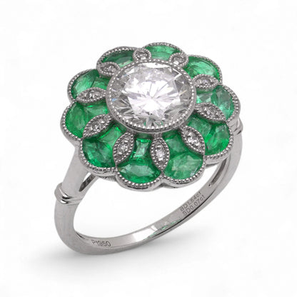 Contemporary Diamond and Emerald Flower Cluster Engagement Ring in Platinum
