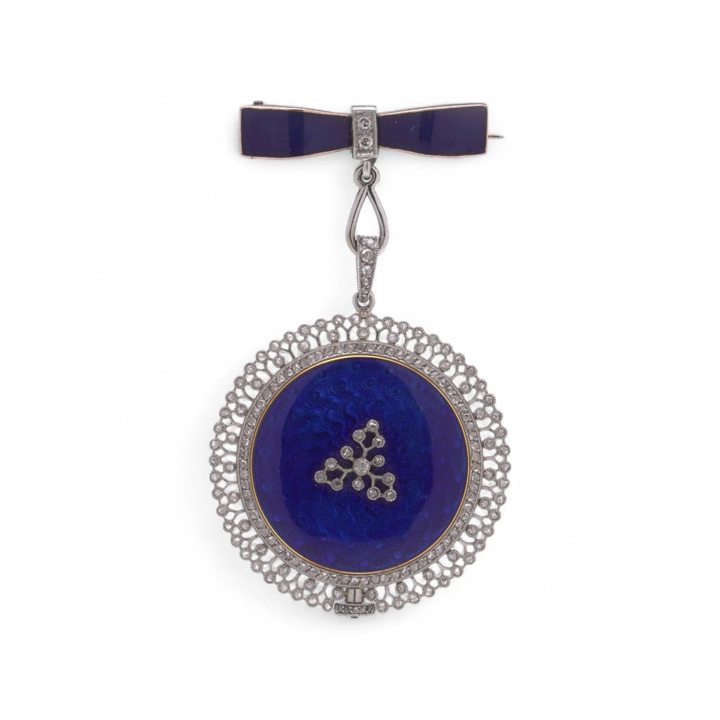 A blue enamel pendant pocket watch in silver with diamonds, suspended by a bow brooch fitting, on a white background