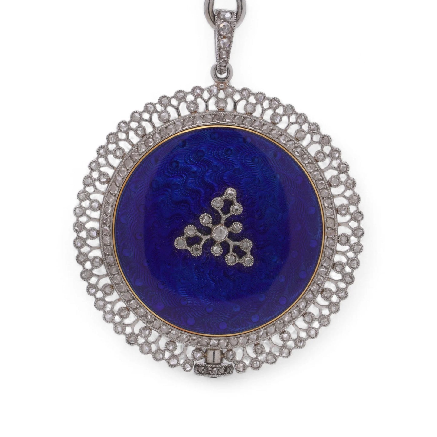 A blue enamel pendant pocket watch in silver with diamonds, on a white background