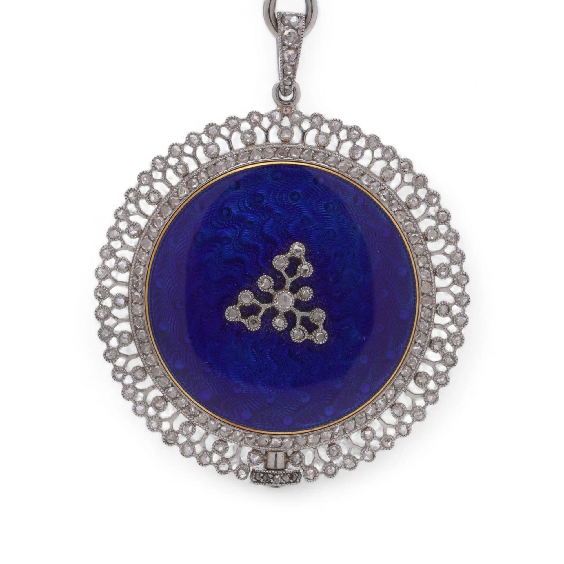 A blue enamel pendant pocket watch in silver with diamonds, on a white background