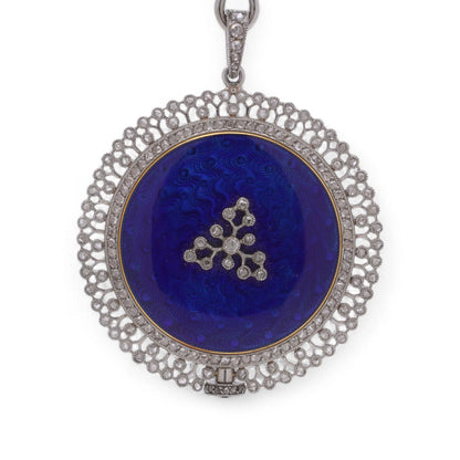 A blue enamel pendant pocket watch in silver with diamonds, on a white background