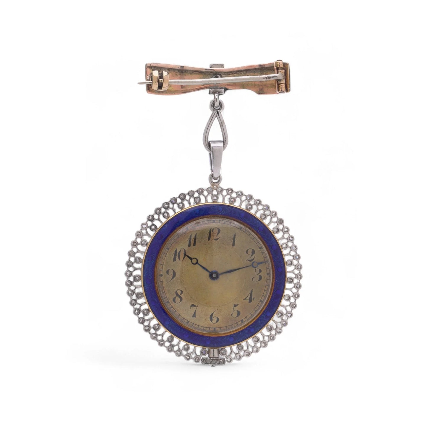 A blue enamel pendant pocket watch in silver with diamonds, suspended by a bow brooch fitting, on a white background