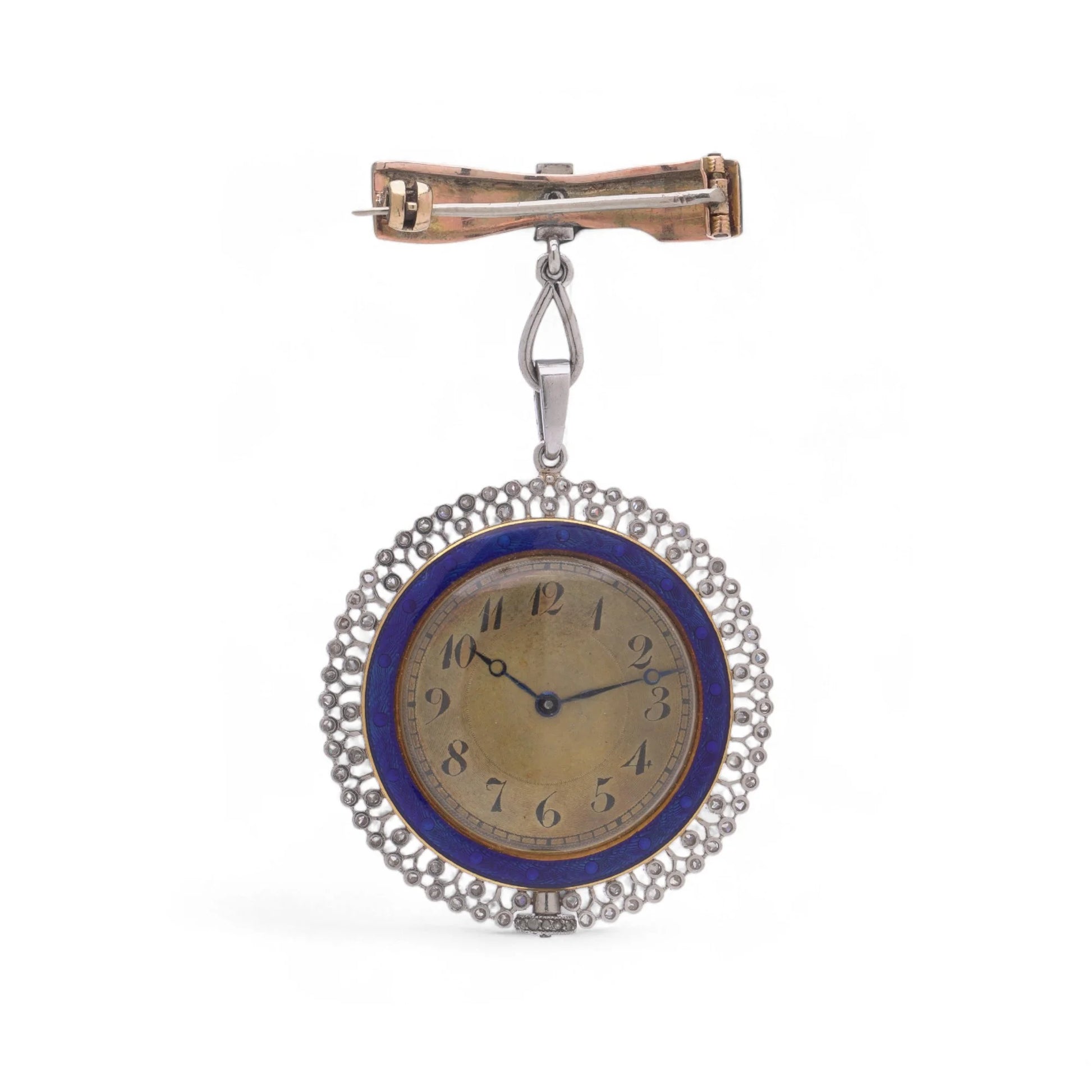 A blue enamel pendant pocket watch in silver with diamonds, suspended by a bow brooch fitting, on a white background