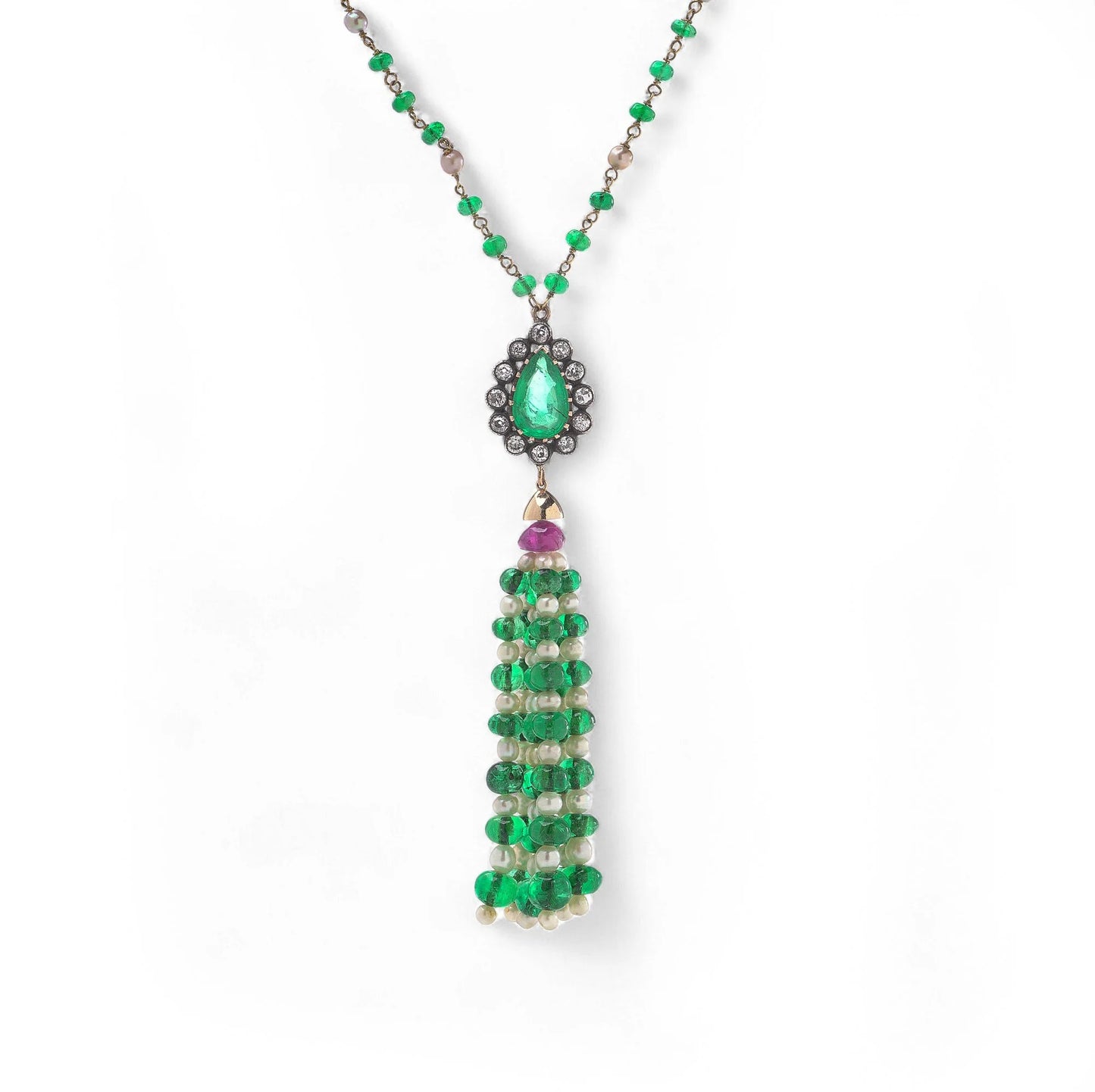 Emerald Ruby Pearl and Diamond Tassel Bead Pendant Drop Necklace