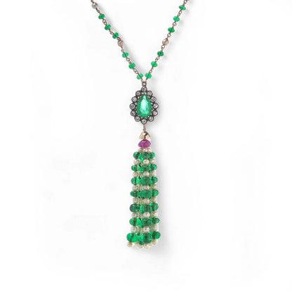 Emerald Ruby Pearl and Diamond Tassel Bead Pendant Drop Necklace