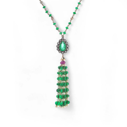 Emerald Ruby Pearl and Diamond Tassel Bead Pendant Drop Necklace