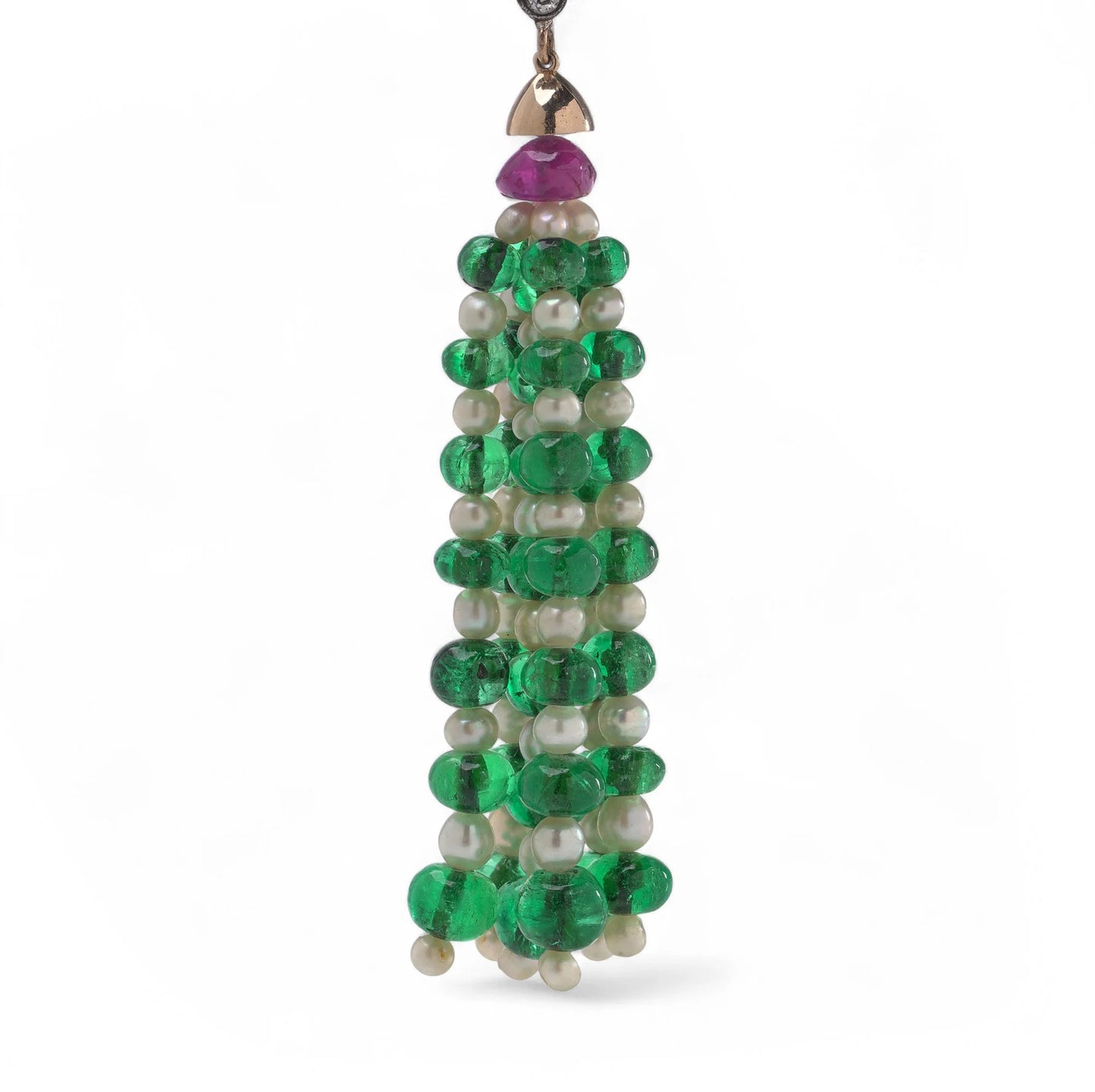 Emerald Ruby Pearl and Diamond Tassel Bead Pendant Drop Necklace